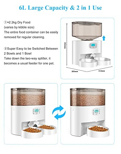Automatic pet feeder with 6L capacity and 2-in-1 use, featuring adjustable bowls and easy cleaning.