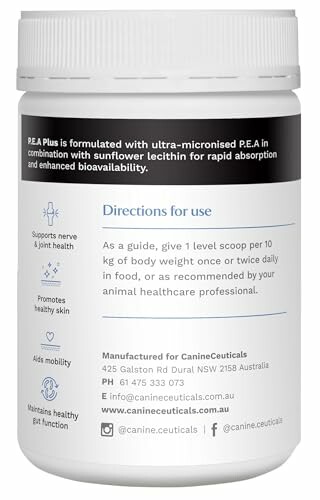 Canine supplement container with usage directions and manufacturer info.