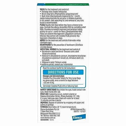 Credelio Plus dosage and safety directions on packaging.