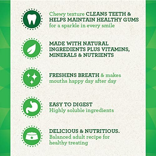 Benefits of dental treats for pets including teeth cleaning, natural ingredients, freshens breath, easy to digest, and nutritious.