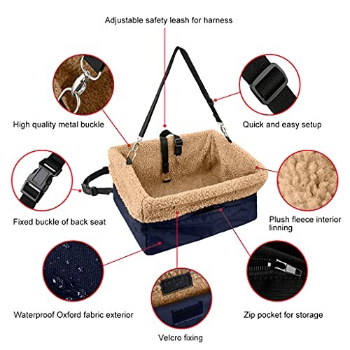 Dog car seat cover with plush lining and adjustable safety leash.