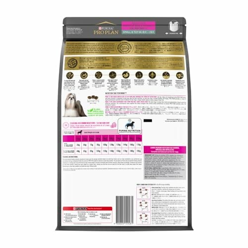 Back view of a dog food bag with feeding instructions and nutrition information.