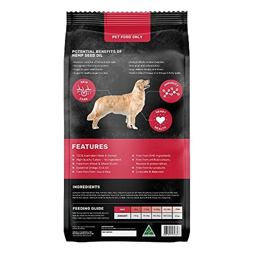 Dog food bag highlighting hemp seed oil benefits for skin care, heart health, and immune support.