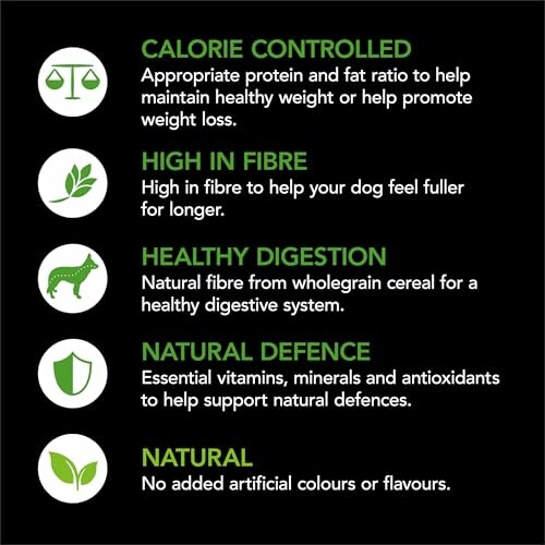 Dog food benefits: calorie controlled, high in fibre, healthy digestion, natural defense, natural ingredients.