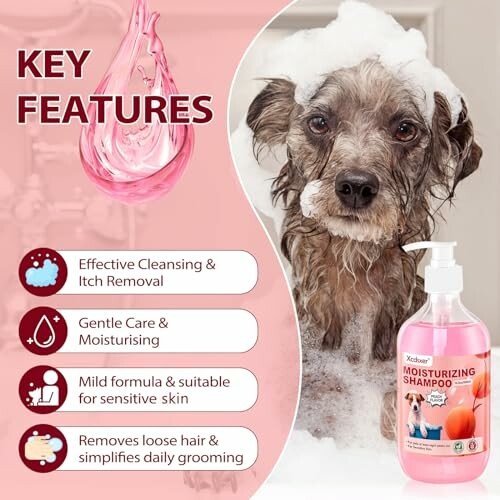 Dog in bath with moisturizing shampoo and key features list.