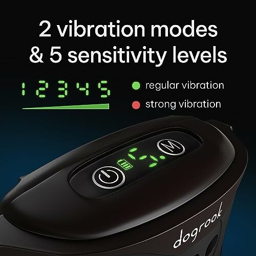 Dog training collar with two vibration modes and five sensitivity levels.