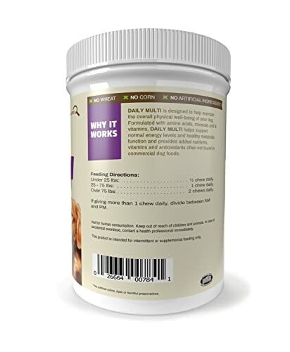 Dog vitamin supplement bottle with feeding directions.