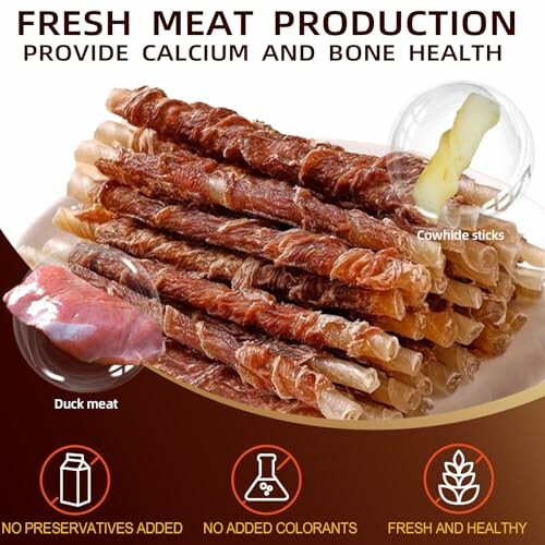 Cowhide sticks wrapped in duck meat, highlighting fresh and healthy dog treats with added calcium and bone health benefits.