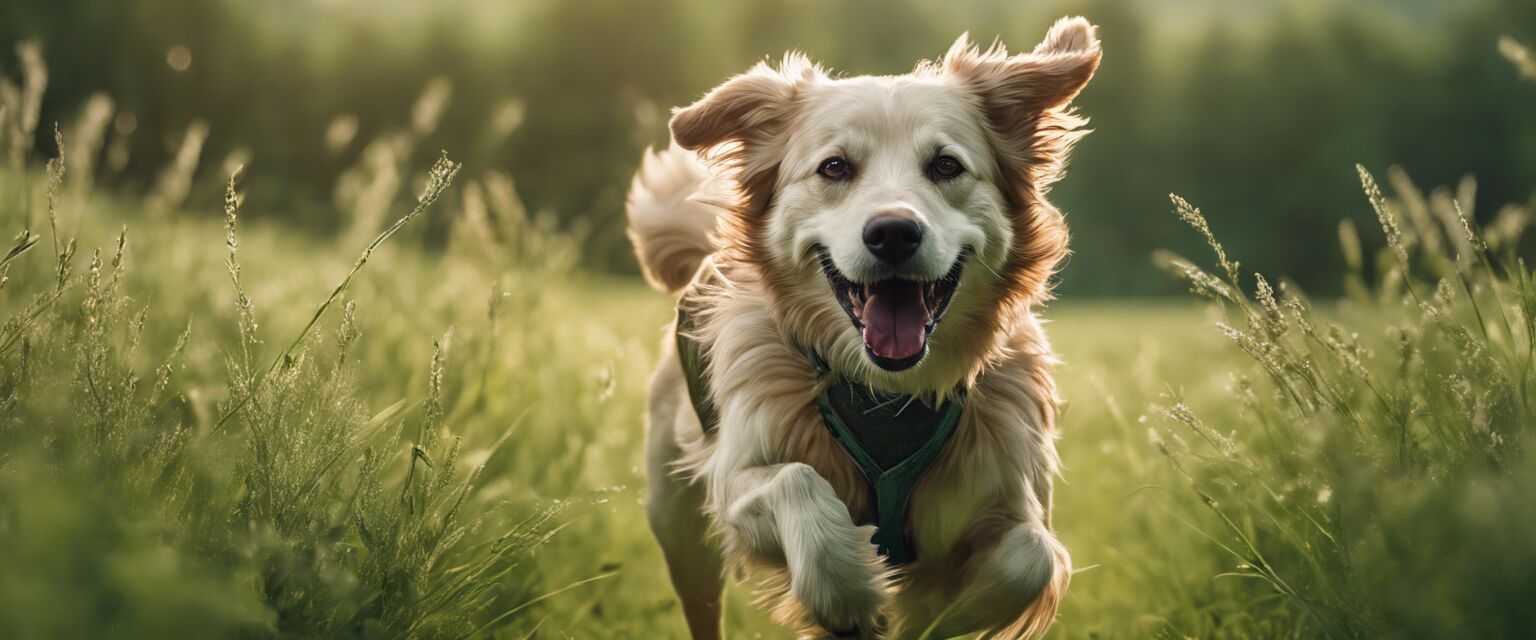 Happy dog in a green meadow