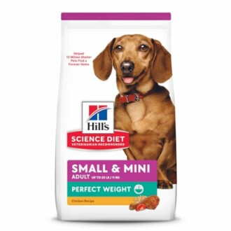 Hill's Science Diet Small & Mini Adult Perfect Weight Dog Food packaging with a focus on the chicken recipe.