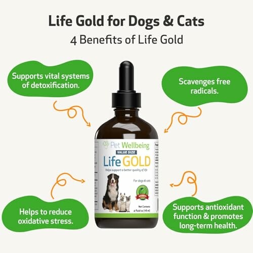 Life Gold supplement for pets with benefits highlighted.