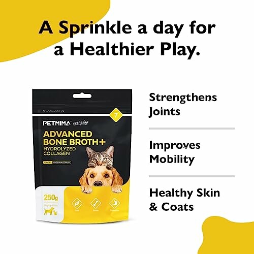 Pet collagen supplement packaging with benefits: strengthens joints, improves mobility, healthy skin and coats.