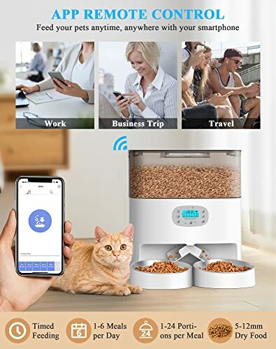 Smartphone-controlled pet feeder with cat and app interface.