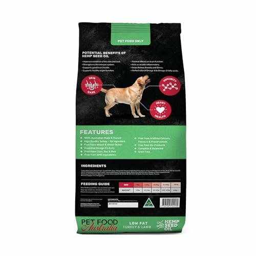 Pet food bag highlighting benefits of hemp seed oil for dogs.