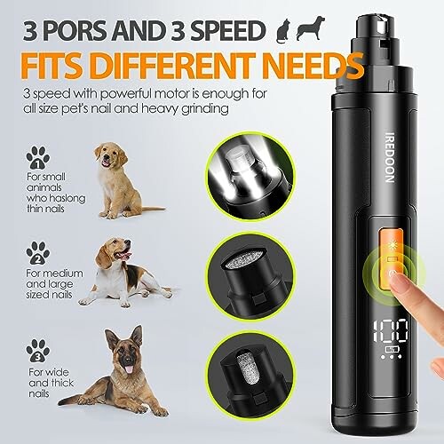 Pet nail grinder with 3 speed settings and LED display.