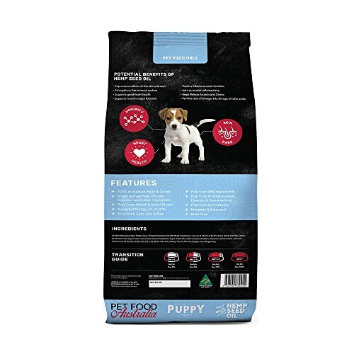 Dog food bag with puppy image and hemp seed oil benefits