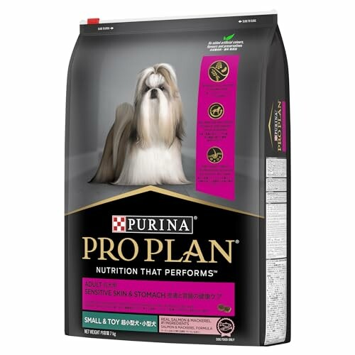 Purina Pro Plan dog food bag for adult dogs with sensitive skin and stomach.