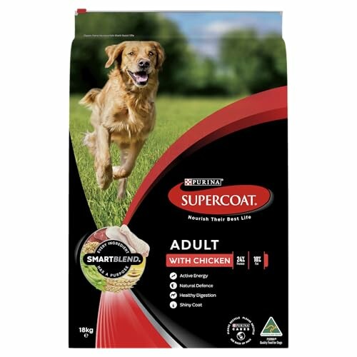 Purina Supercoat Adult with Chicken dog food package.