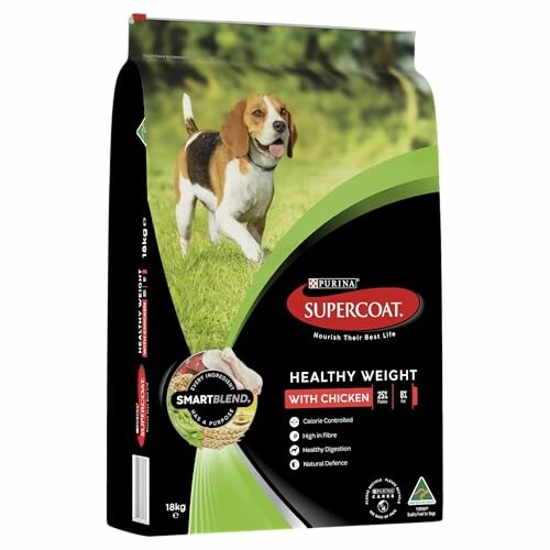 Purina Supercoat SMARTBLEND Adult Dry Dog Food Chicken 18kg packaging with a beagle image.