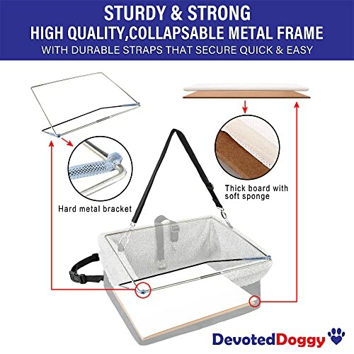 Collapsible metal frame pet carrier with durable straps and soft sponge board.