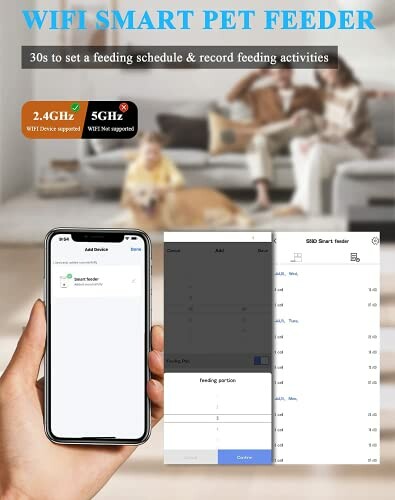 Hand holding a smartphone with pet feeder app interface, showing pet feeding schedule setup.